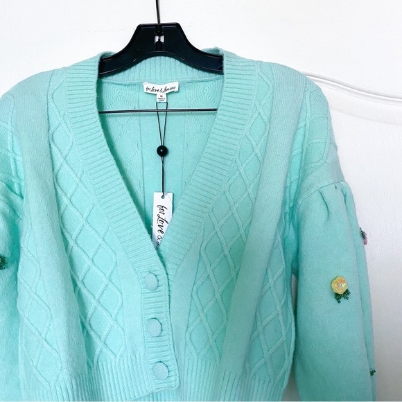 FLL Sweater Sutton Cardigan Cropped Sequin Floral Knit Puff-Sleeve Mint M NWT - Picture 4 of 9